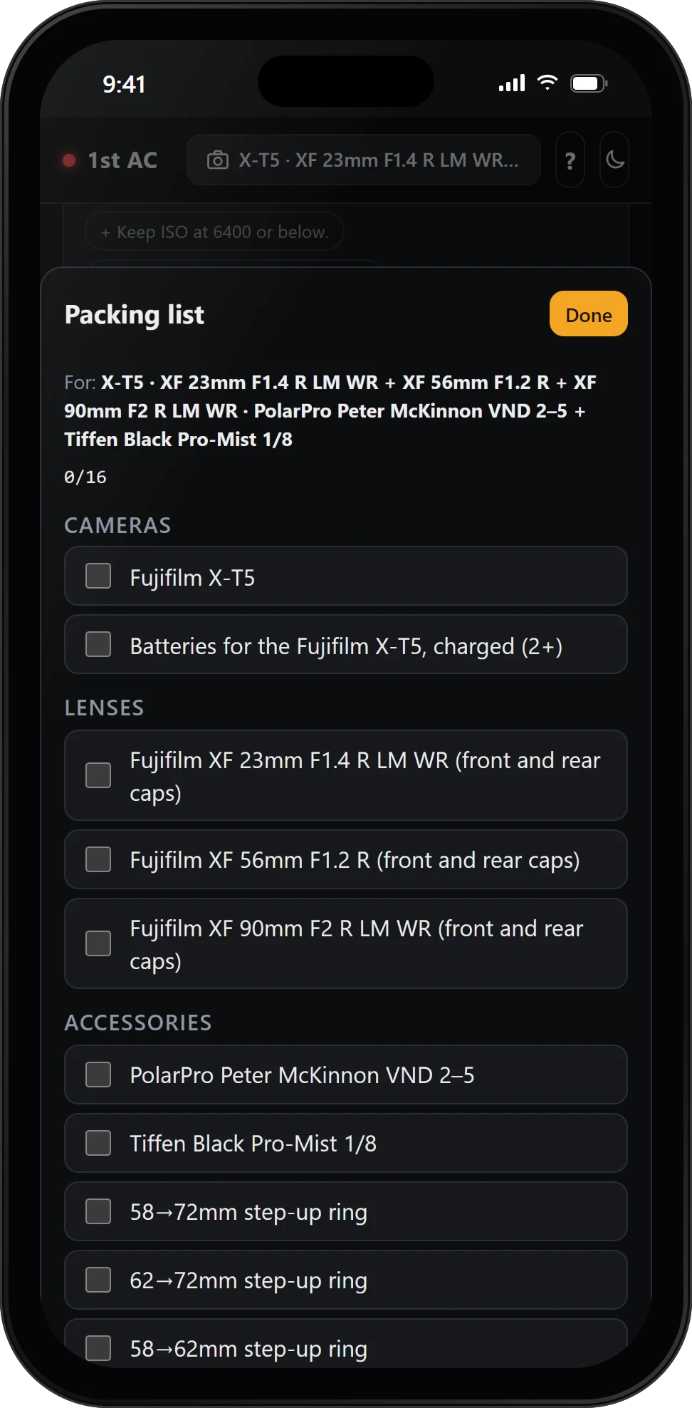 Packing list for the day's setup: the X-T5 and batteries, three Fujifilm lenses with caps, a PolarPro VND, a Tiffen Black Pro-Mist and the step-up rings they need.