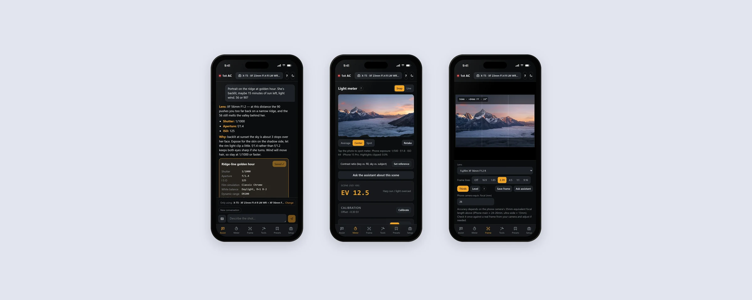 Three 1st AC screens side by side: the assistant recommending the XF 56mm at 1/1000, f/1.4, ISO 125 for a backlit ridge portrait, the light meter reading a mountain scene, and the director's viewfinder with 2.39 frame lines.
