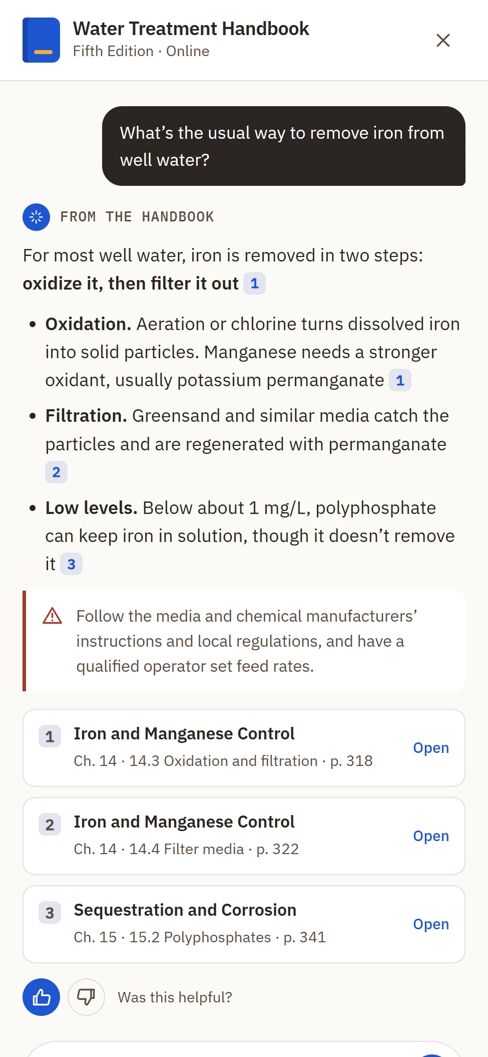 An answer to “What’s the usual way to remove iron from well water?” with numbered references, a safety reminder and three sources with chapter and page.