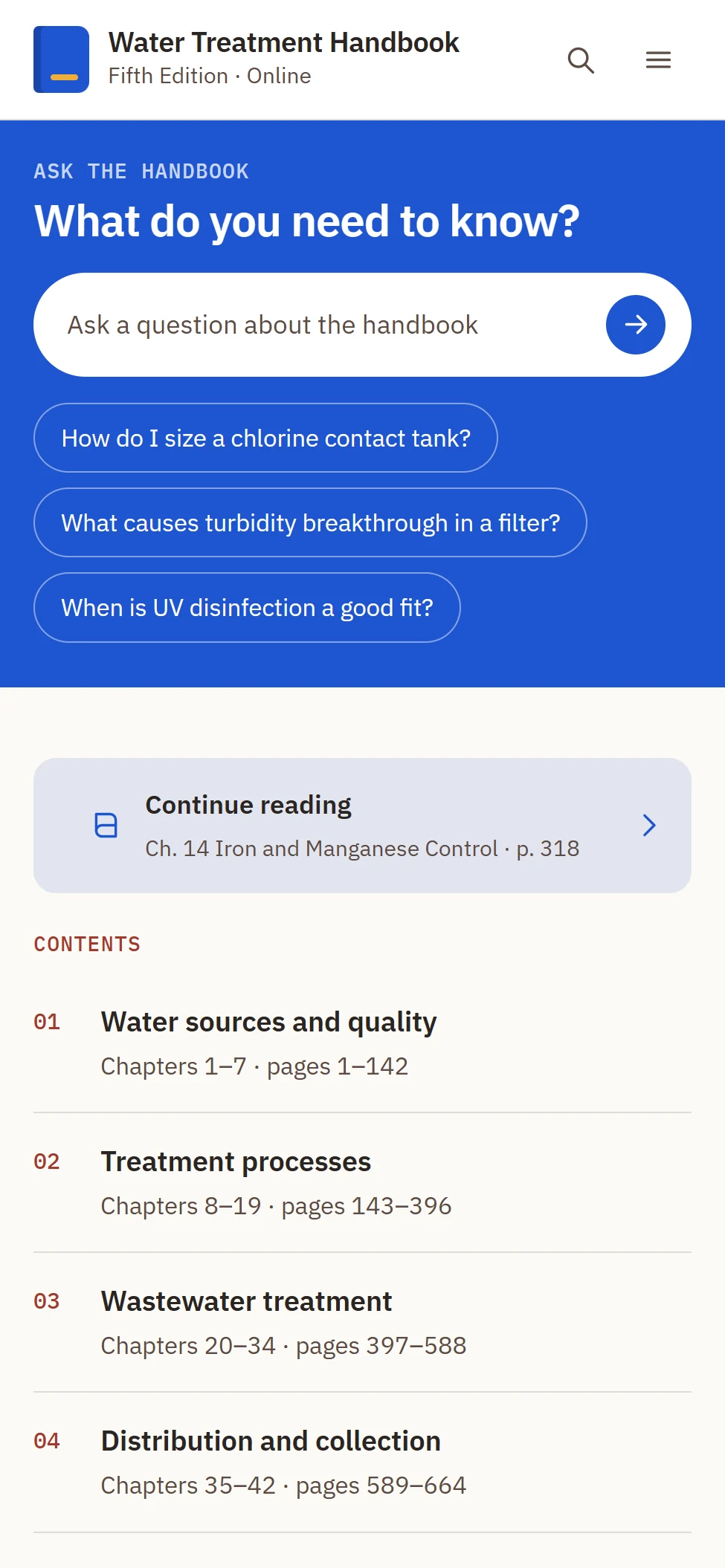 The handbook's home screen on a phone: an ask box with suggested questions, a link back to the page last read, and the five parts of the contents.