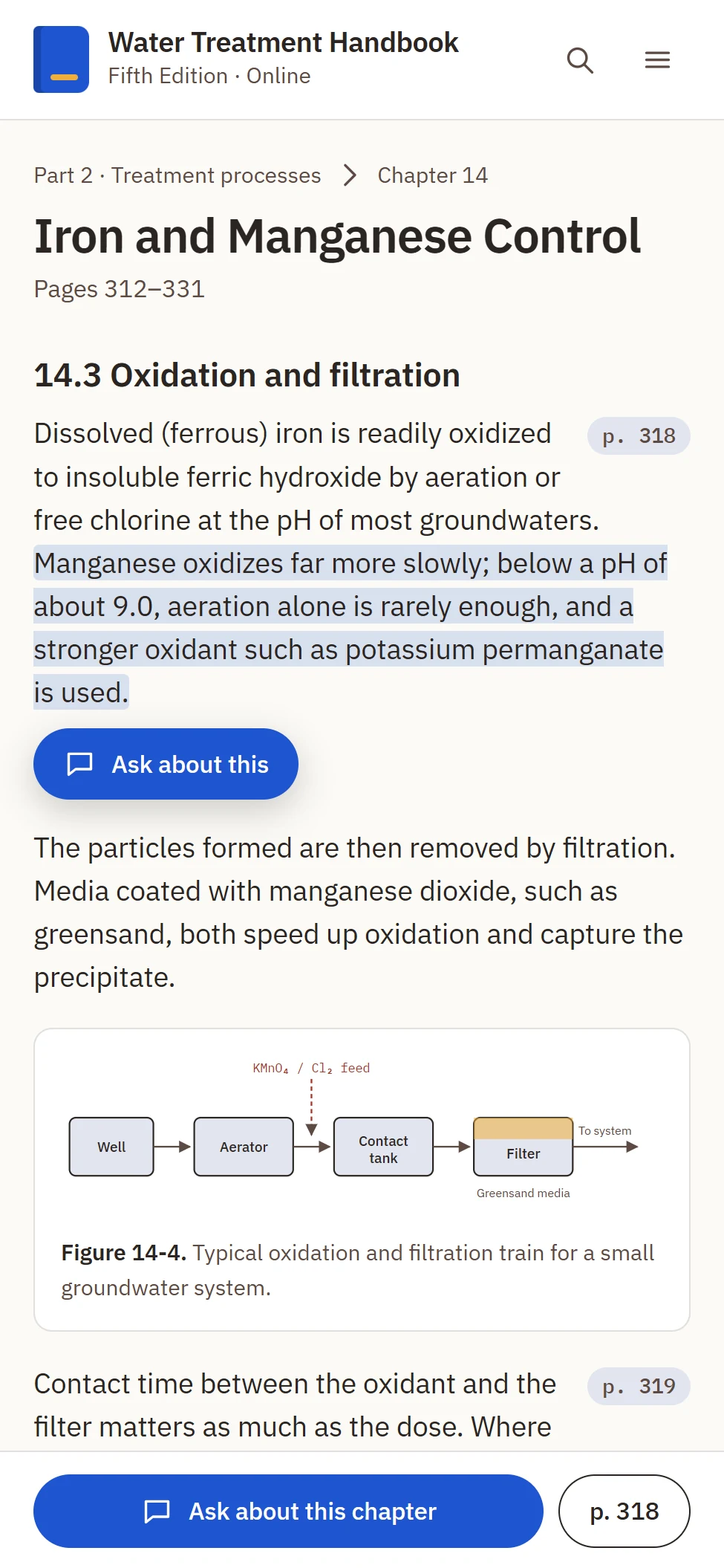 Chapter 14, Iron and Manganese Control, on a phone, with printed page numbers in the margin, a highlighted passage with an Ask about this button, and a process figure.