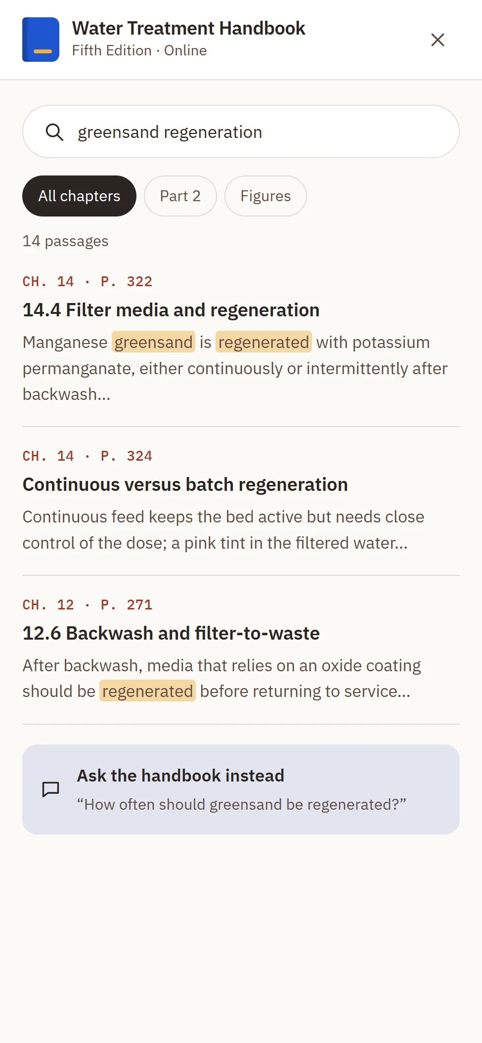 Search results for “greensand regeneration”, each showing chapter, page, heading and a highlighted extract.